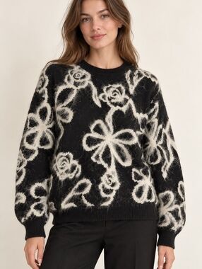 & Other Stories Paris Atelier Rose Bow Mohair Blend Sweater Black Ivory Small